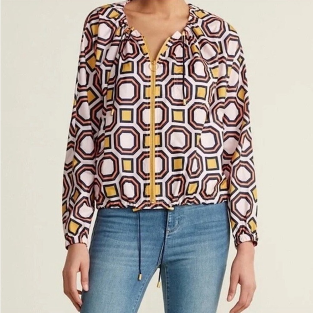 Tory Burch Geometric Print Zip-Front Blouse in White, Yellow & Brown